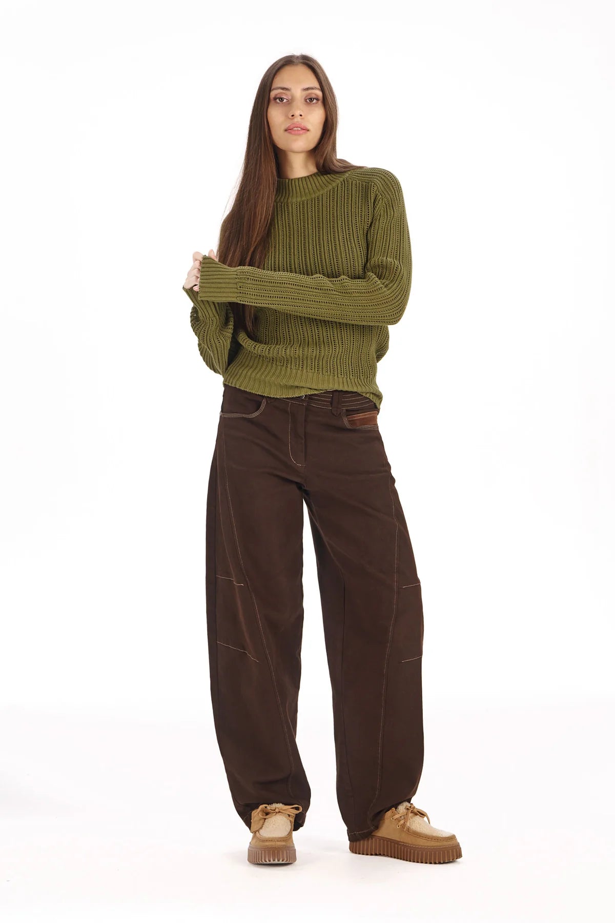 Chocolate Amelia Barrel Leg Trouser by Komodo