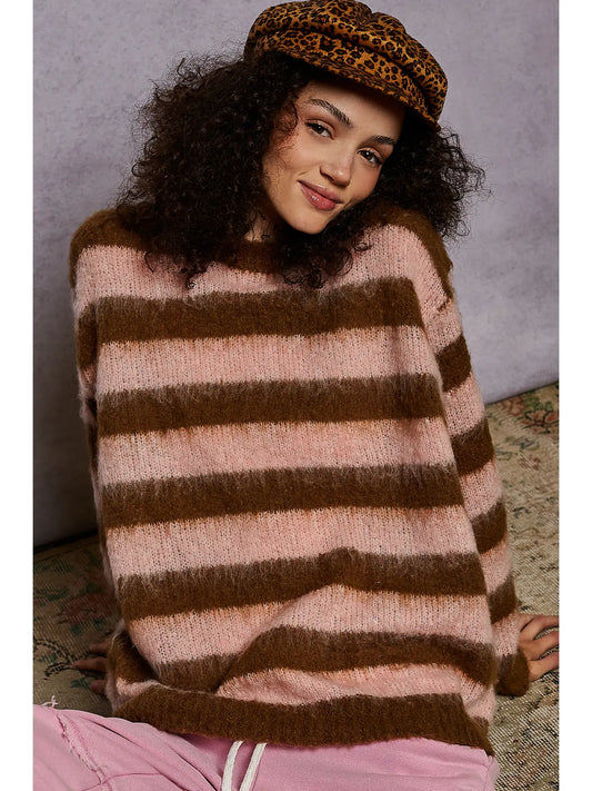 Chocolate & Peach Striped Sweater