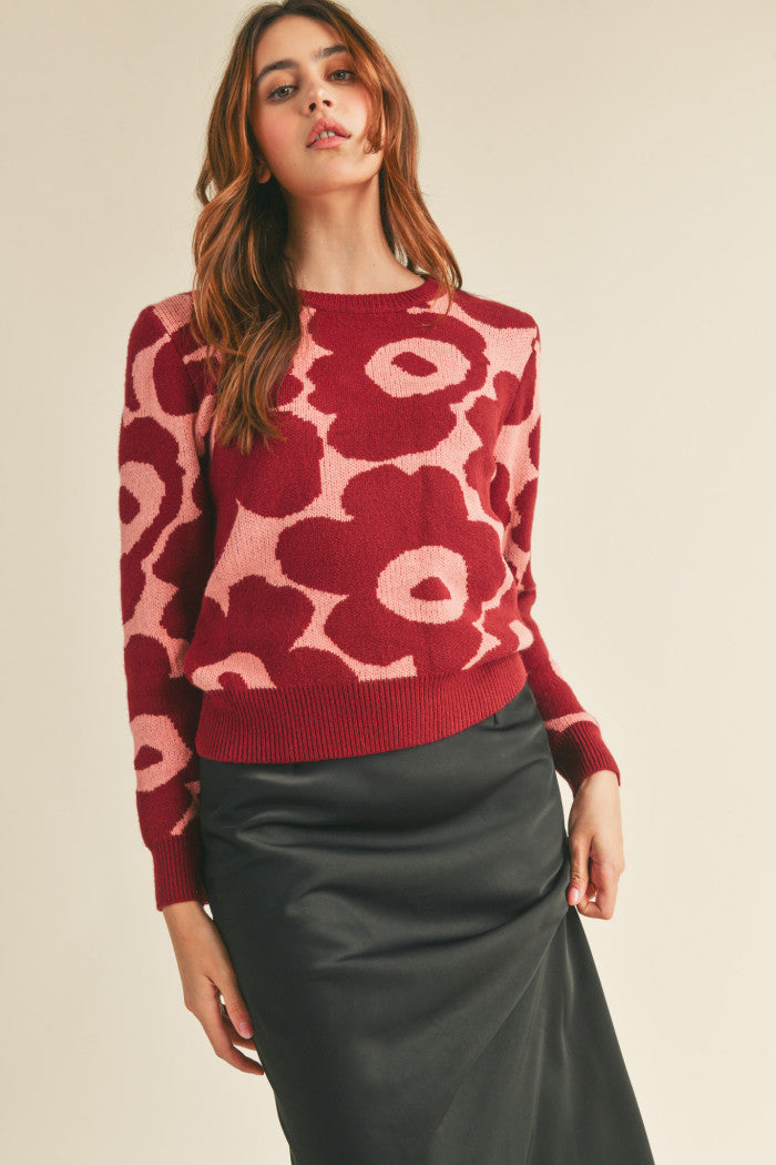 Coral & Burgundy Abstract Floral Sweater