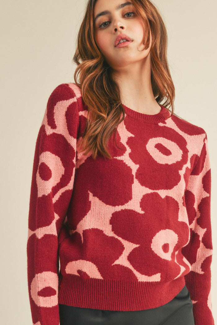 Coral & Burgundy Abstract Floral Sweater