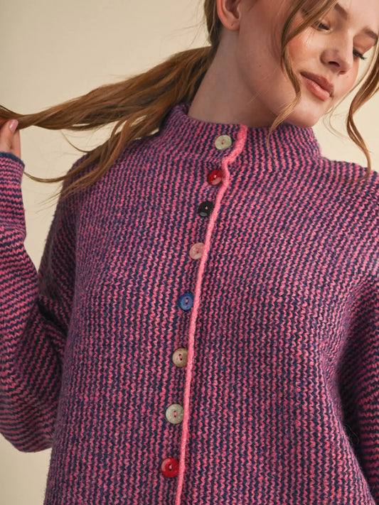 Coral & Indigo Striped Cardigan with Colorful Buttons