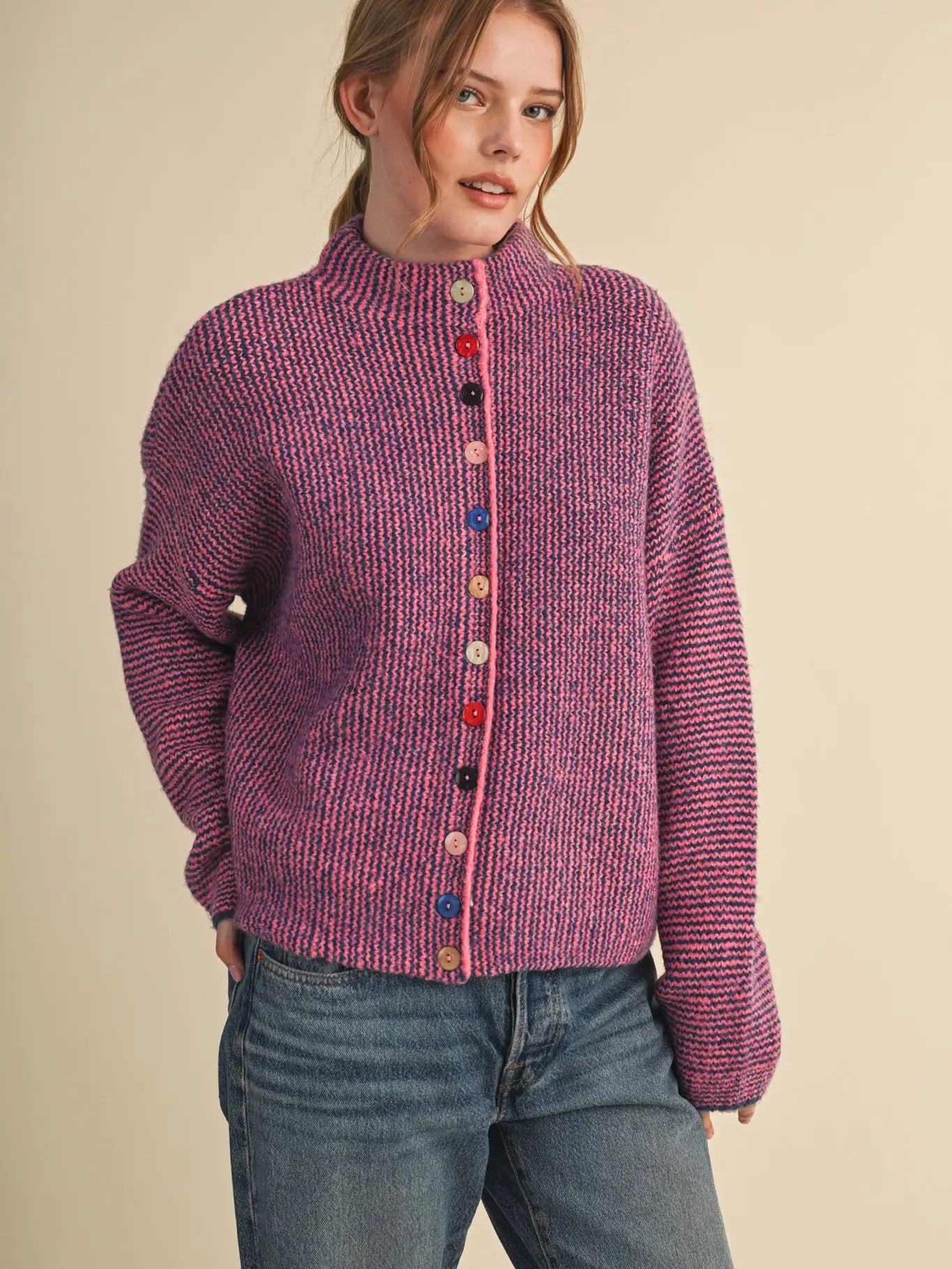 Coral & Indigo Striped Cardigan with Colorful Buttons