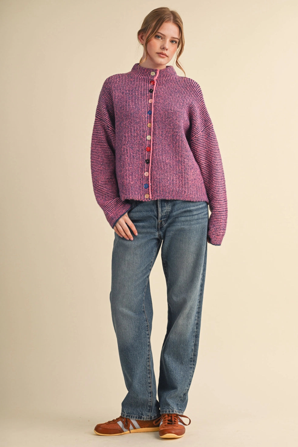 Coral & Indigo Striped Cardigan with Colorful Buttons