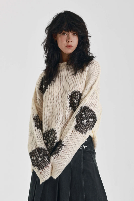 Cream Bonehead Skull Oversized Sweater by Ragged Priest