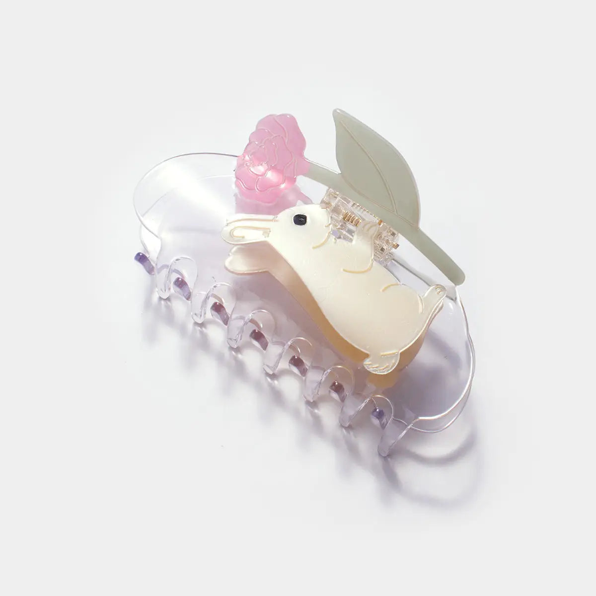 Rabbit with Pink Peony Hair Claw