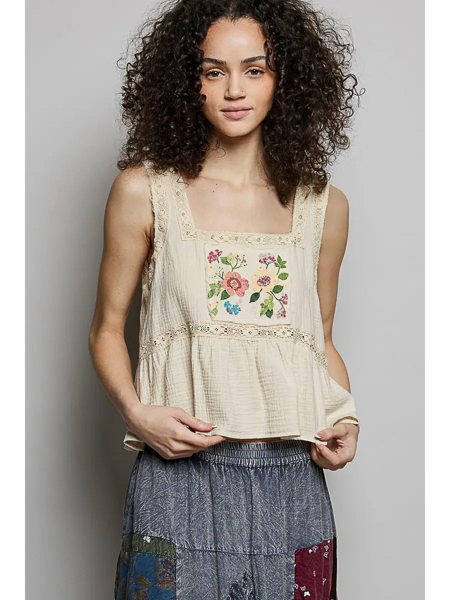 Cream Double Gauze Floral Sleeveless Top