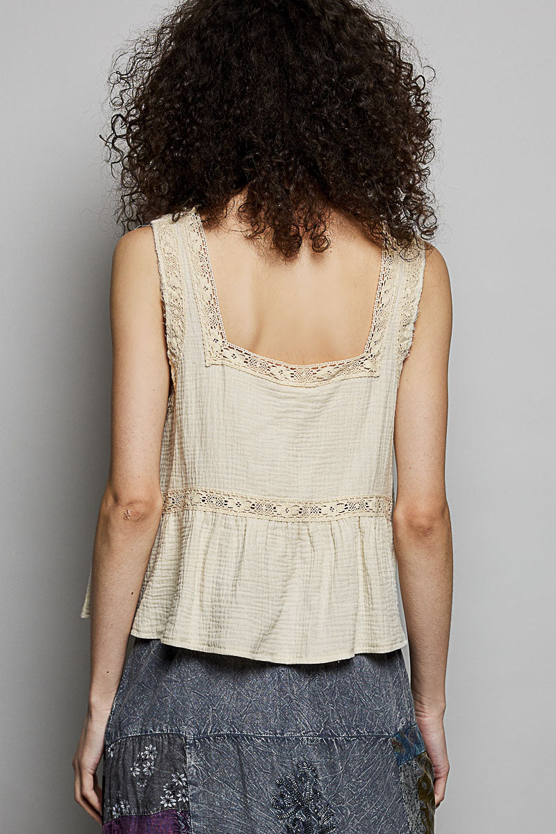 Cream Double Gauze Floral Sleeveless Top