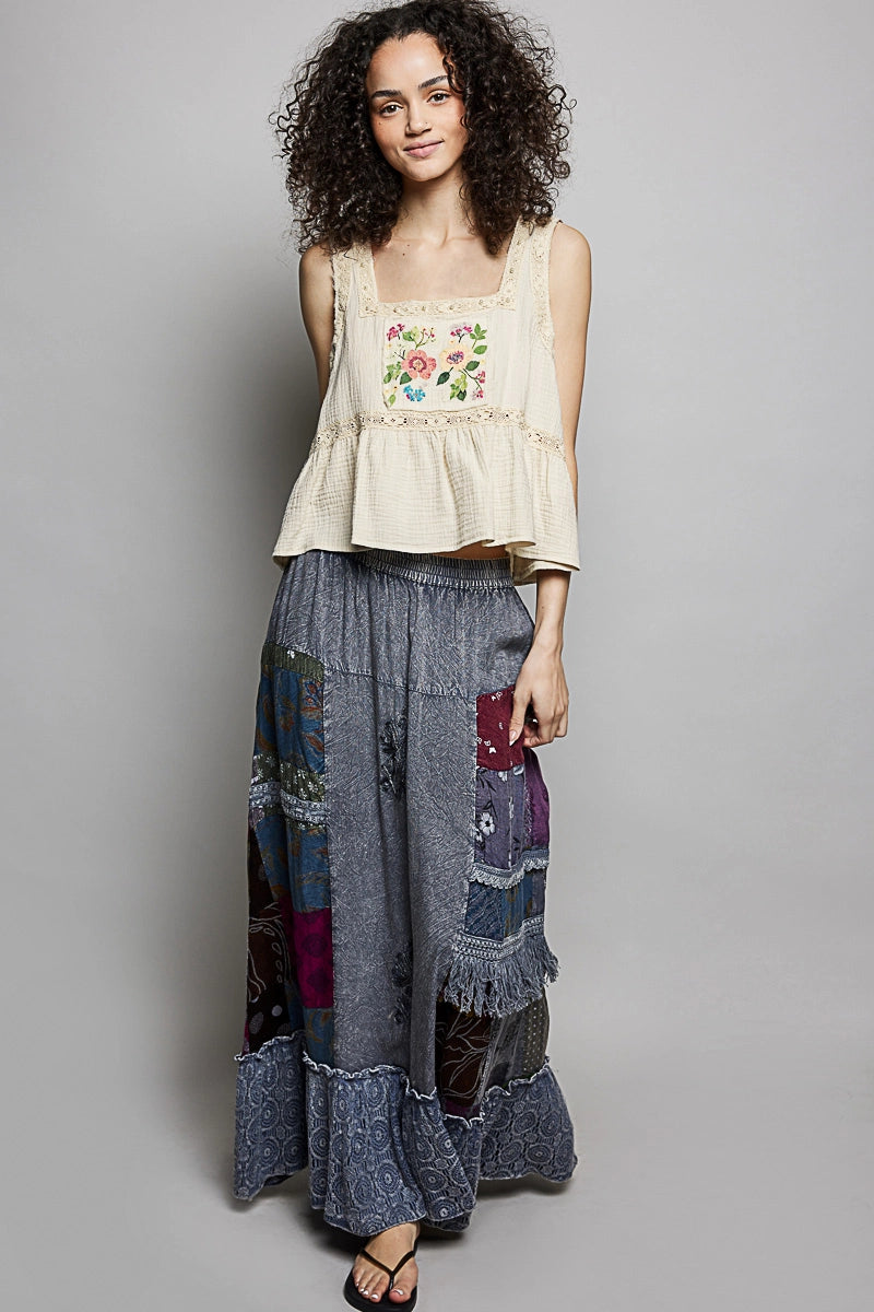 Cream Double Gauze Floral Sleeveless Top