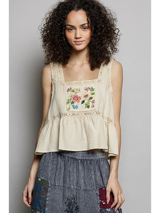 Cream Double Gauze Floral Sleeveless Top