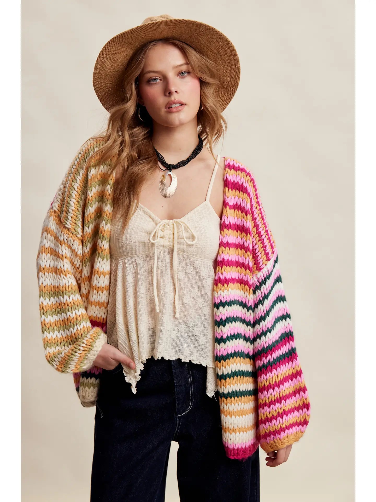 Cream Pink Multi Stripe Chunky Cardi