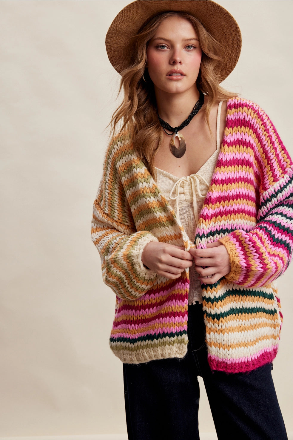 Cream Pink Multi Stripe Chunky Cardi