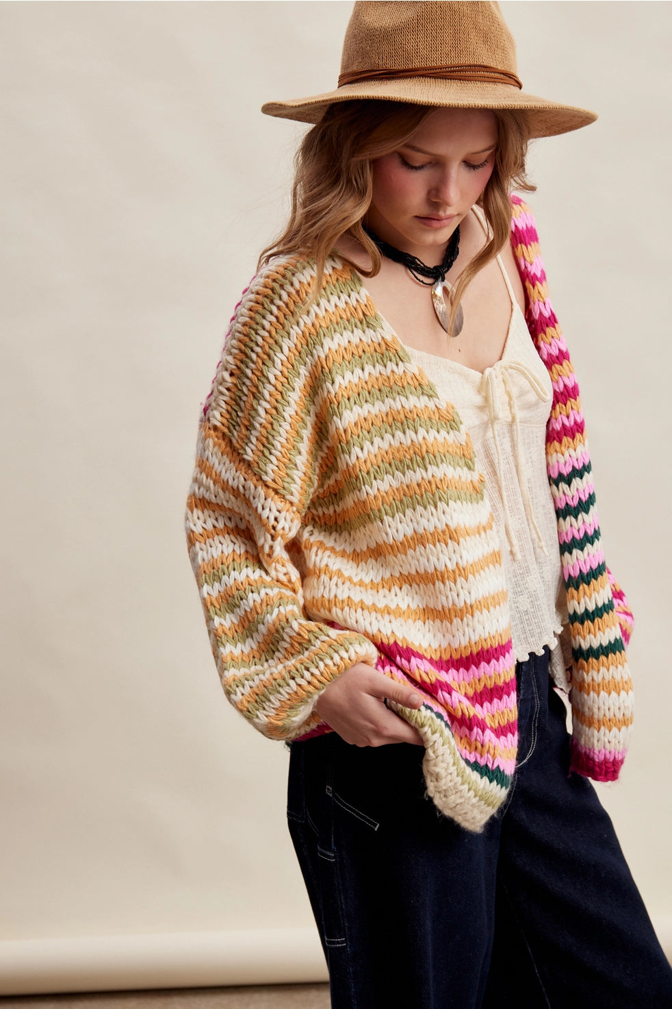 Cream Pink Multi Stripe Chunky Cardi