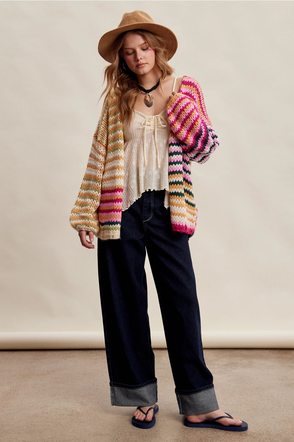 Cream Pink Multi Stripe Chunky Cardi