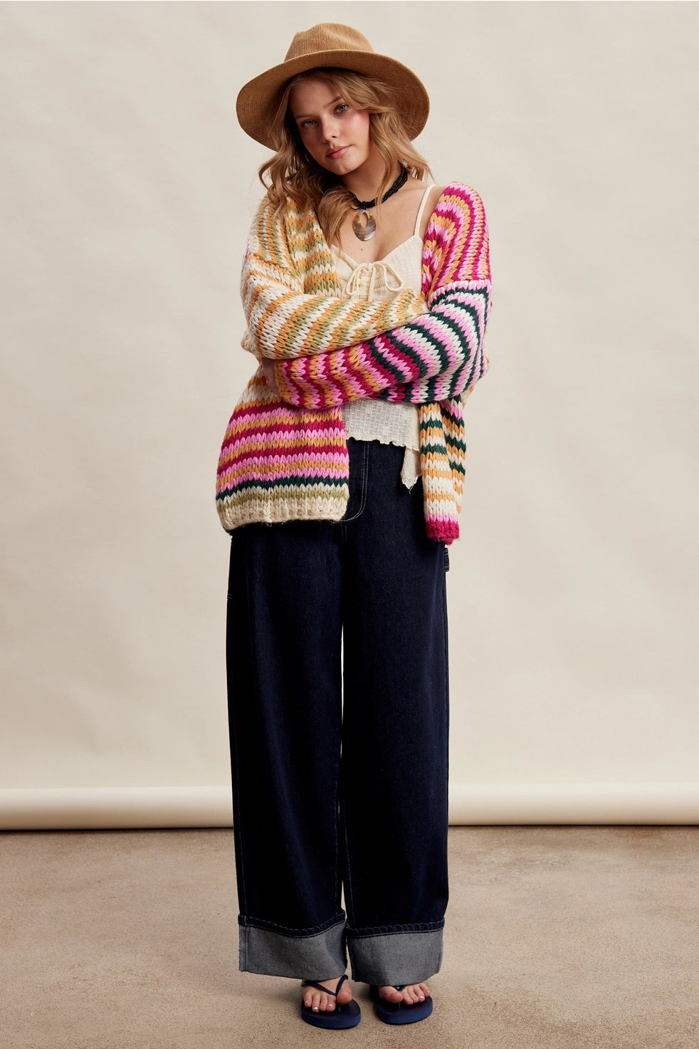 Cream Pink Multi Stripe Chunky Cardi