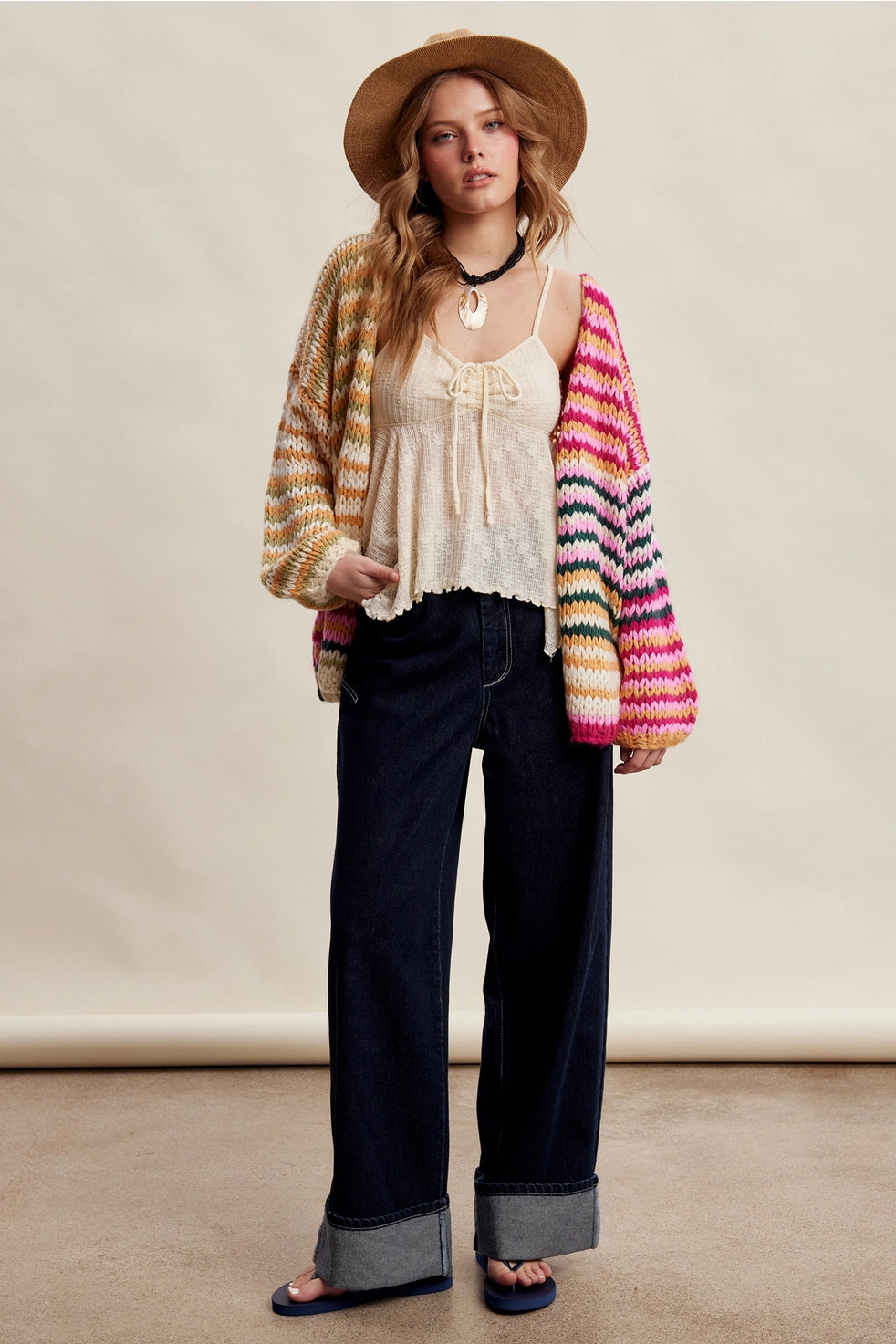 Cream Pink Multi Stripe Chunky Cardi