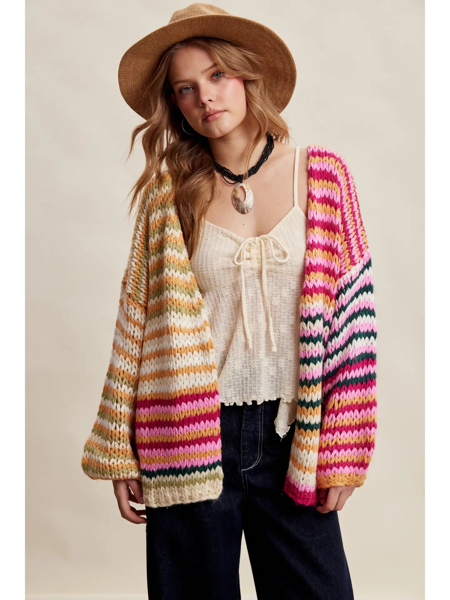 Cream Pink Multi Stripe Chunky Cardi