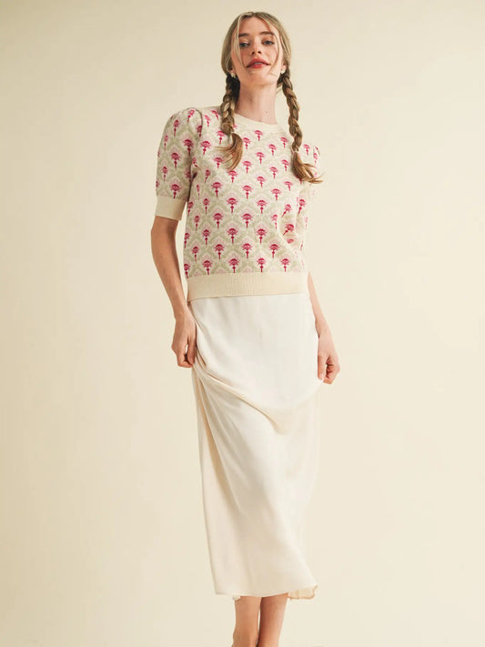Cream & Pink Floral Short Sleeve Sweater