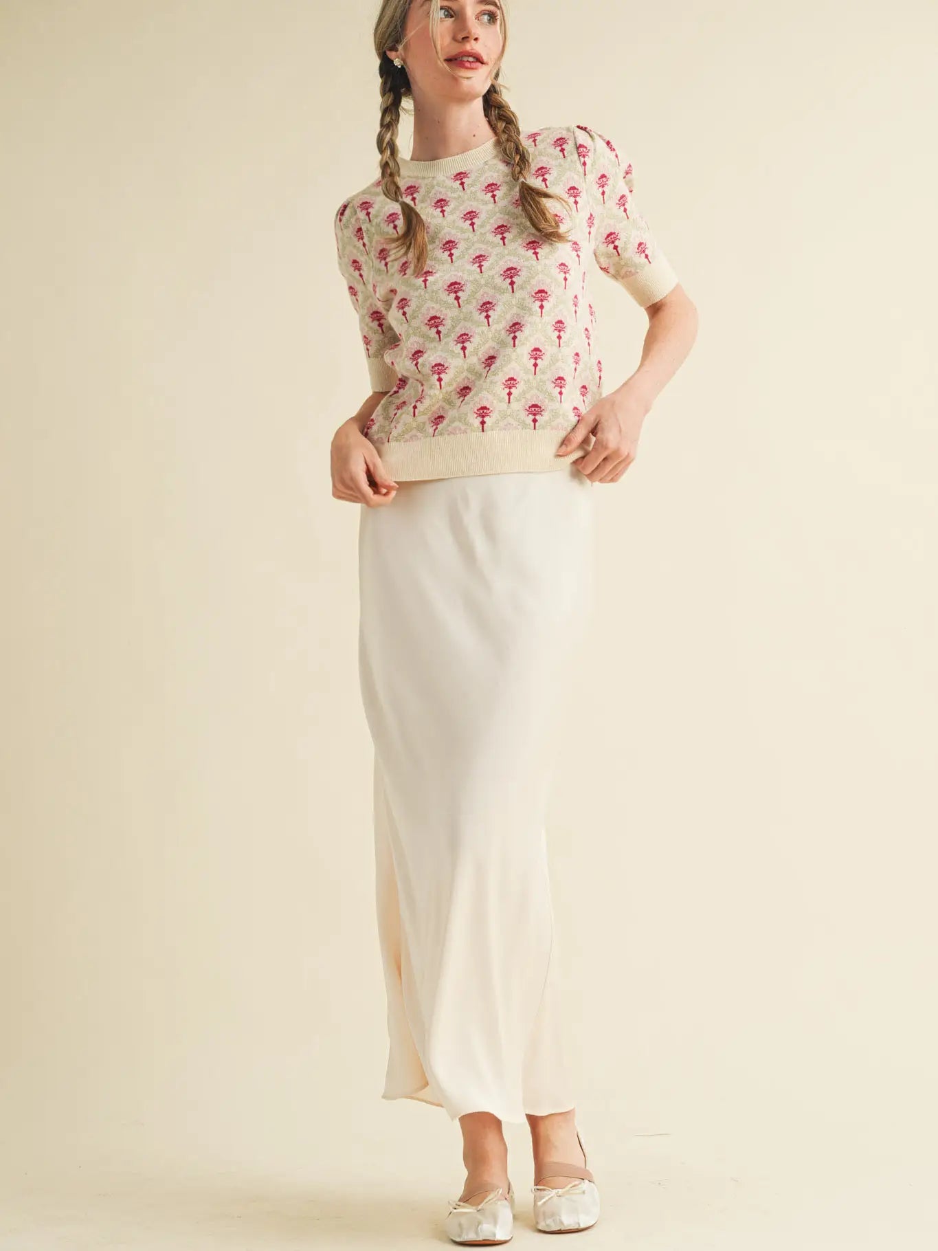 Cream & Pink Floral Short Sleeve Sweater