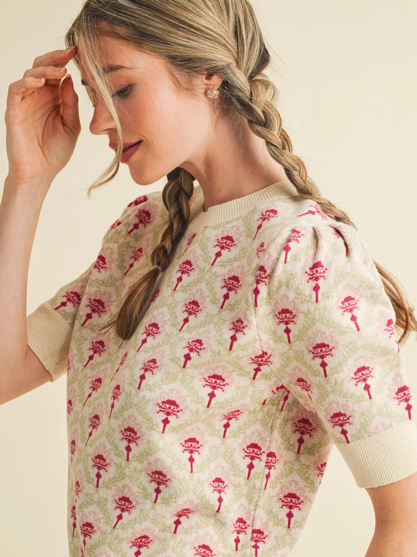 Cream & Pink Floral Short Sleeve Sweater