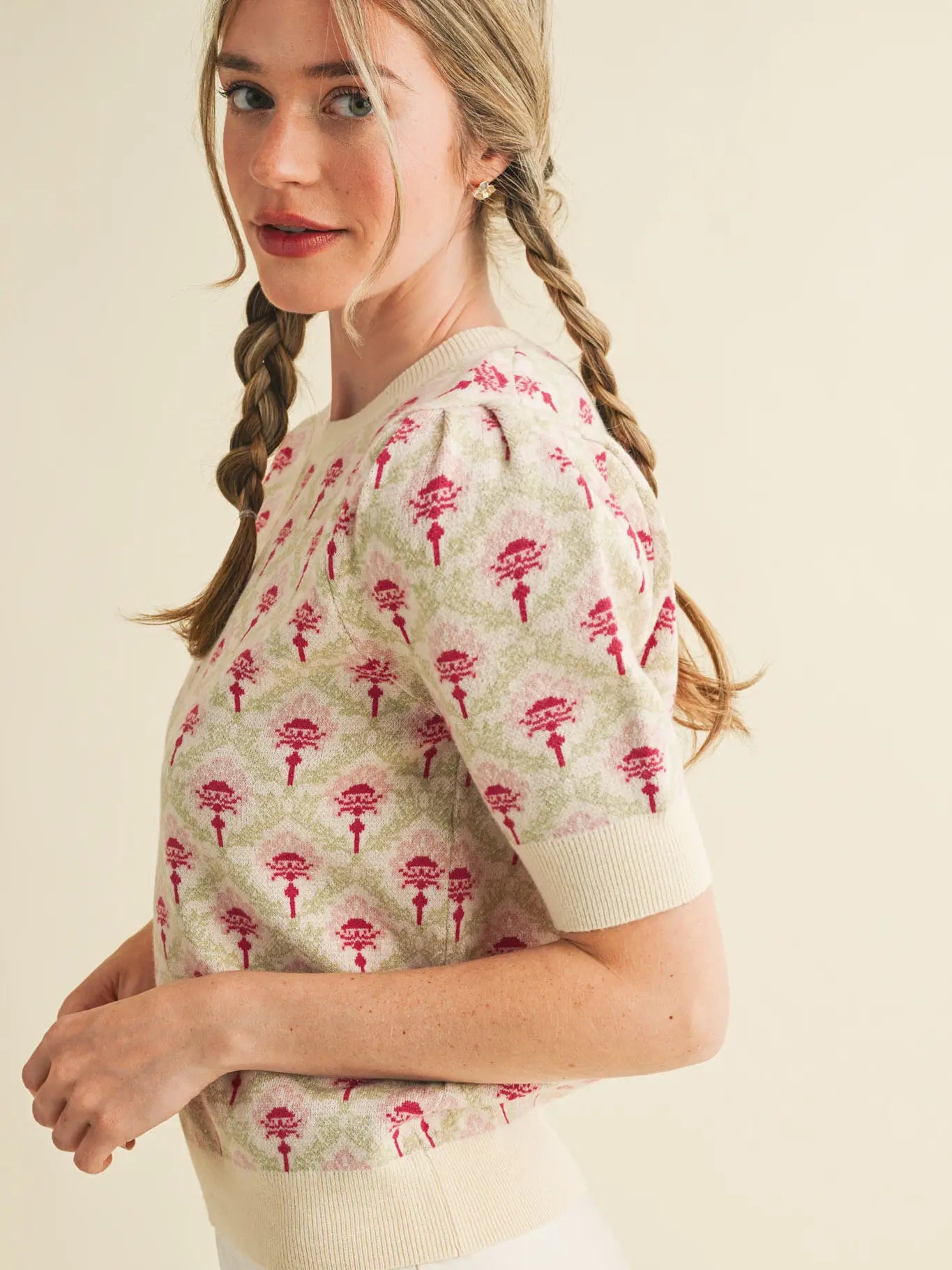 Cream & Pink Floral Short Sleeve Sweater