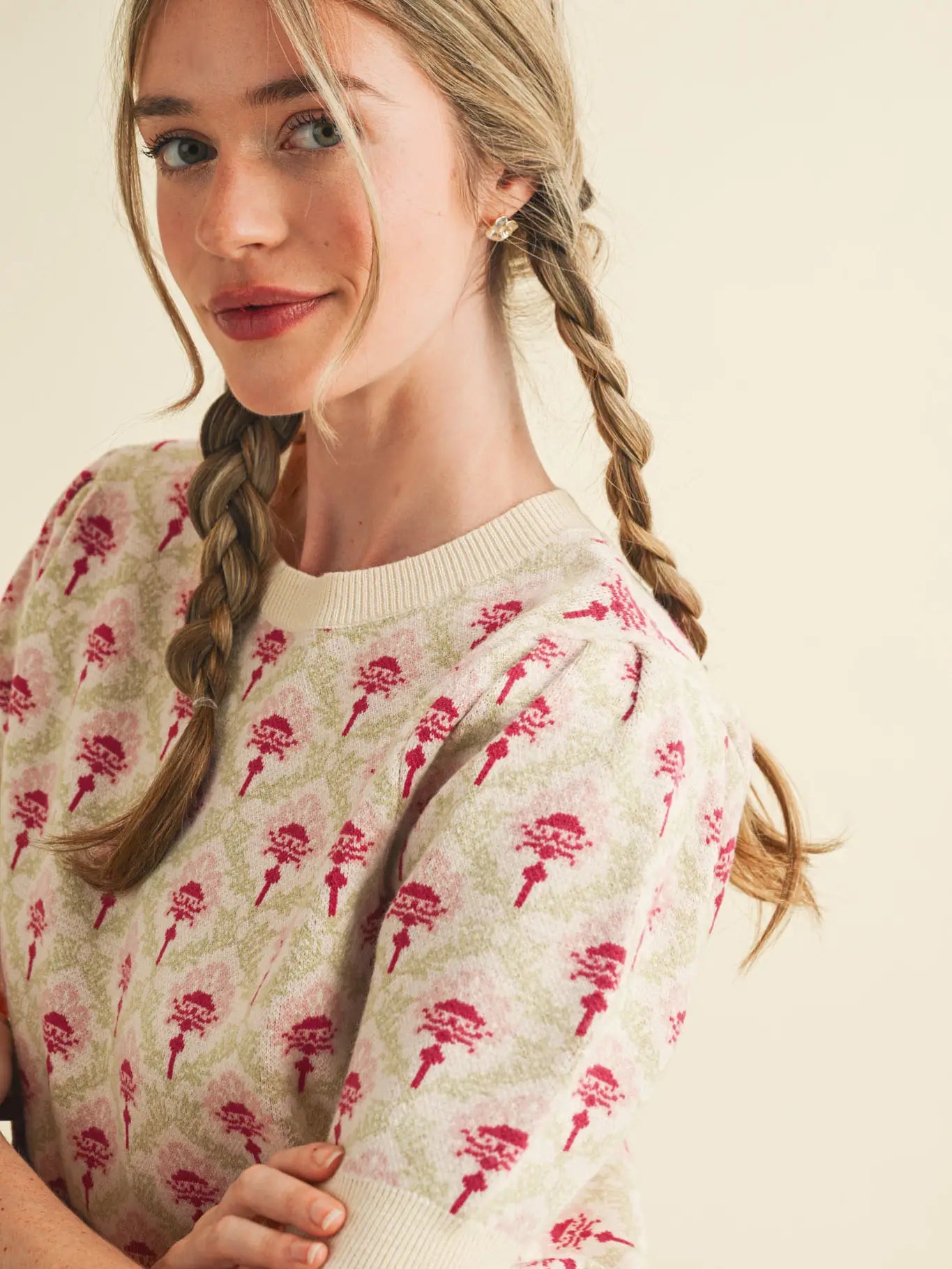 Cream & Pink Floral Short Sleeve Sweater