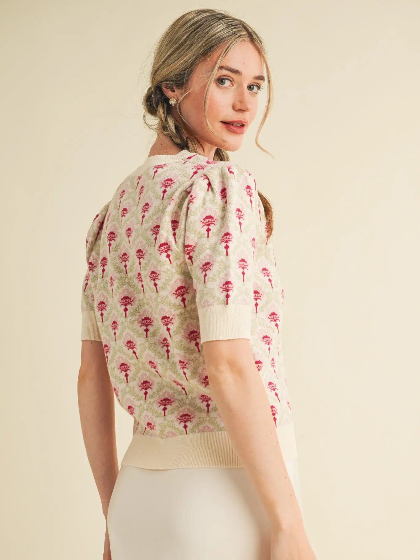 Cream & Pink Floral Short Sleeve Sweater