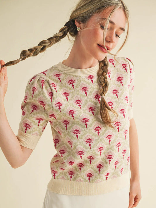 Cream & Pink Floral Short Sleeve Sweater