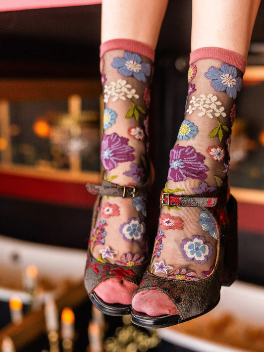 Dark Florals Black Sheer Crew Sock