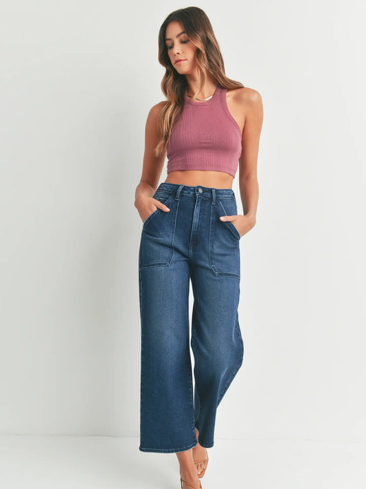 Dark Wash Denim Cargo Wide Leg