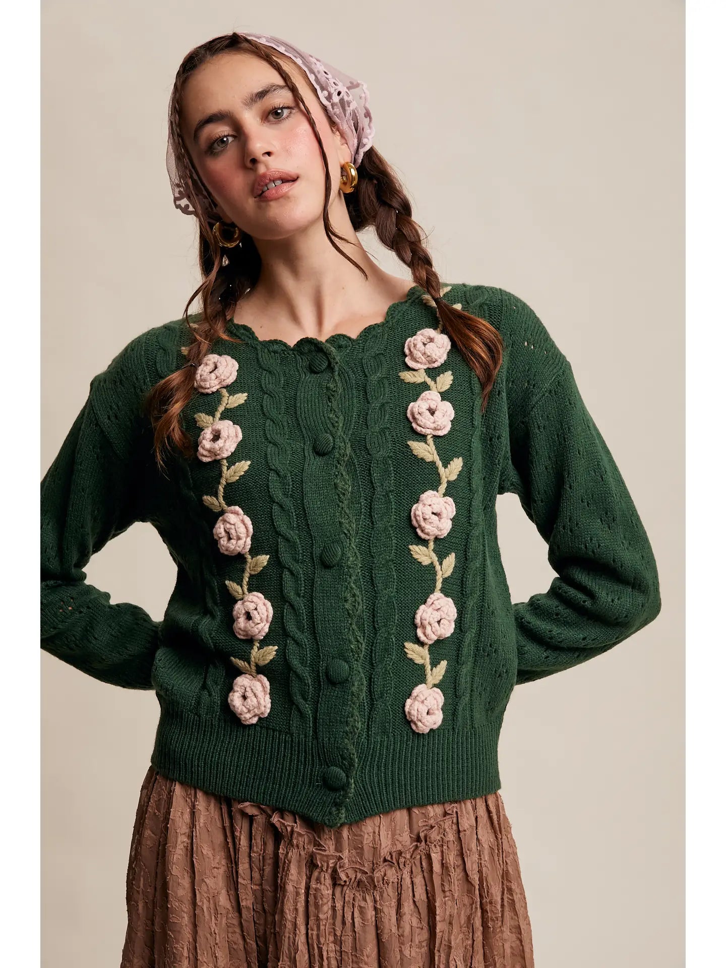 Deep Green Crochet Flower Cardigan