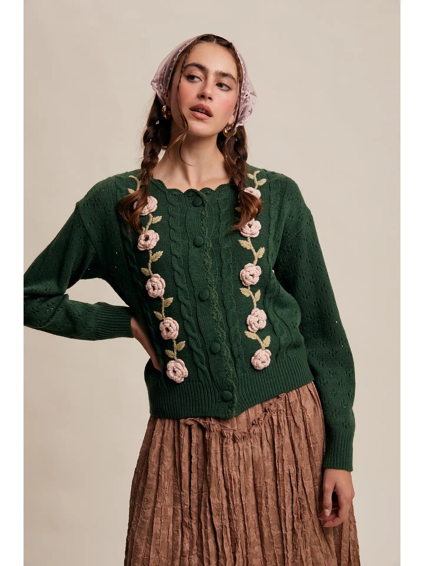 Deep Green Crochet Flower Cardigan