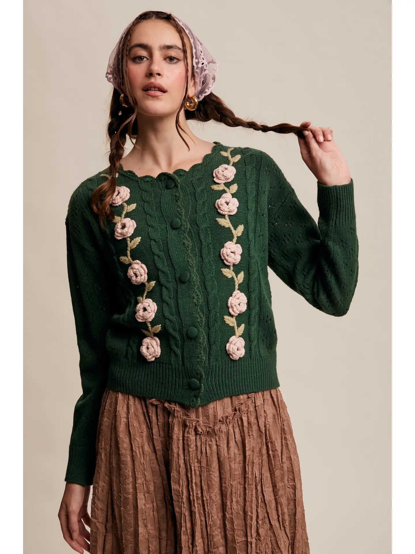 Deep Green Crochet Flower Cardigan