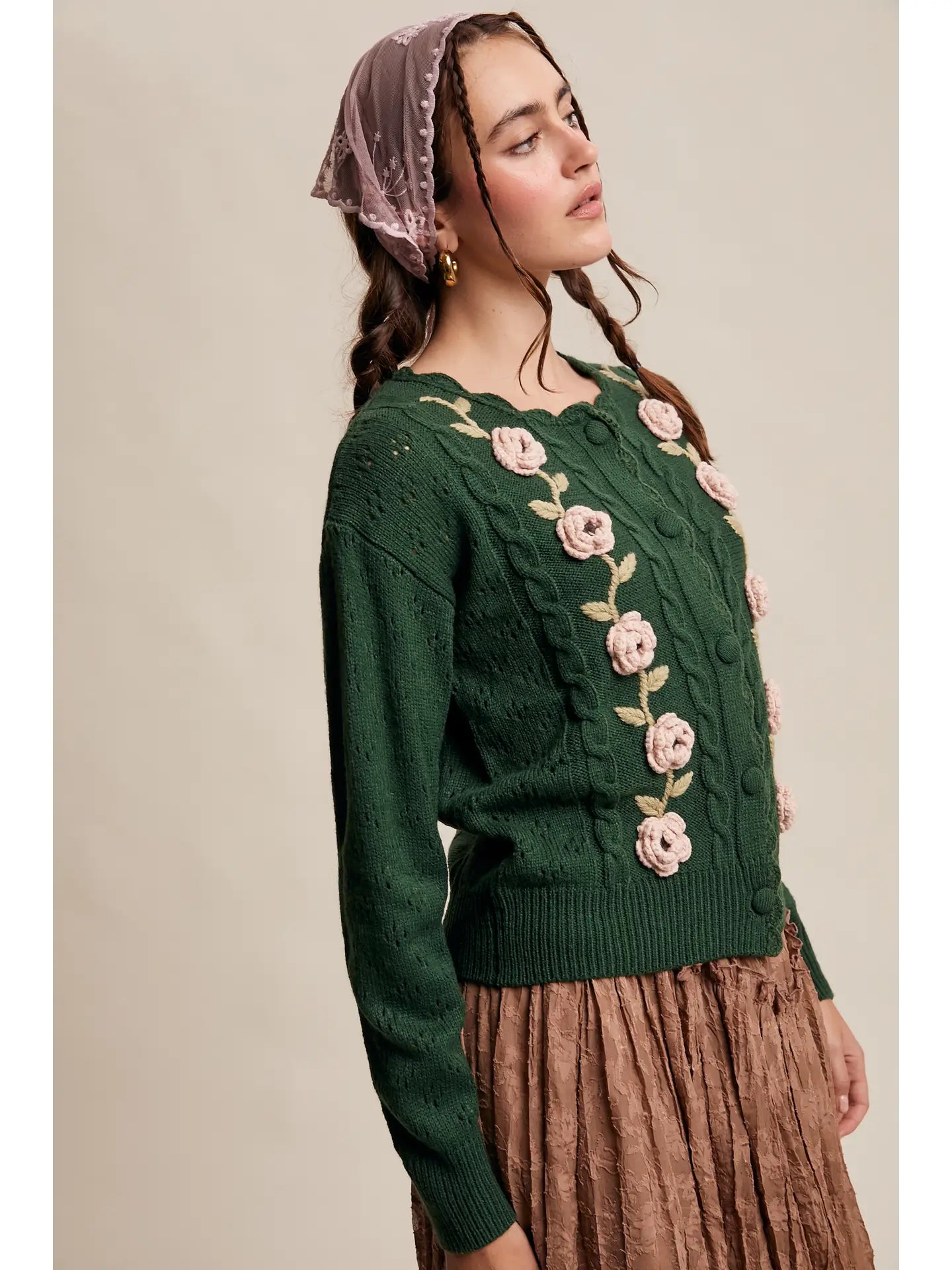 Deep Green Crochet Flower Cardigan