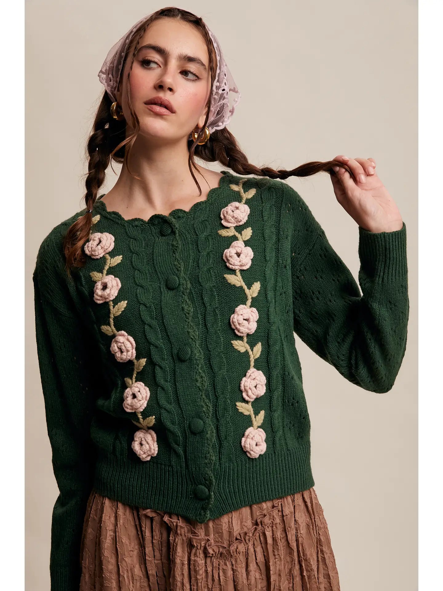 Deep Green Crochet Flower Cardigan