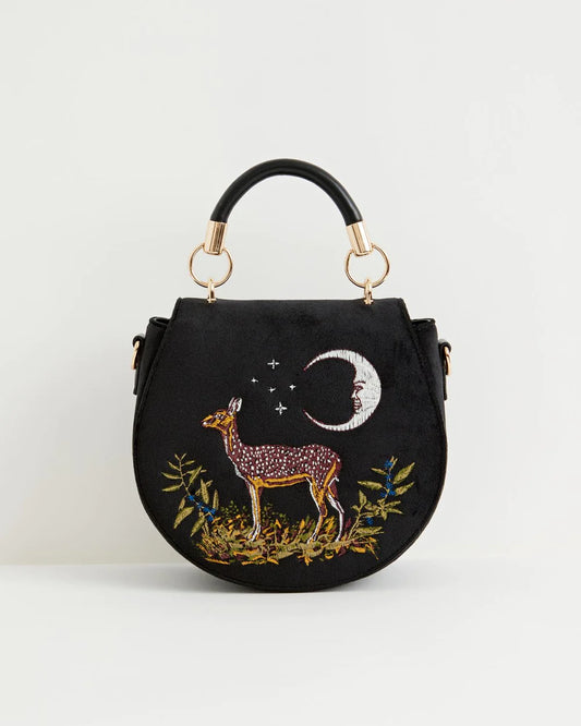 Deer & Moon Embroidered Saddle Bag Black Velvet