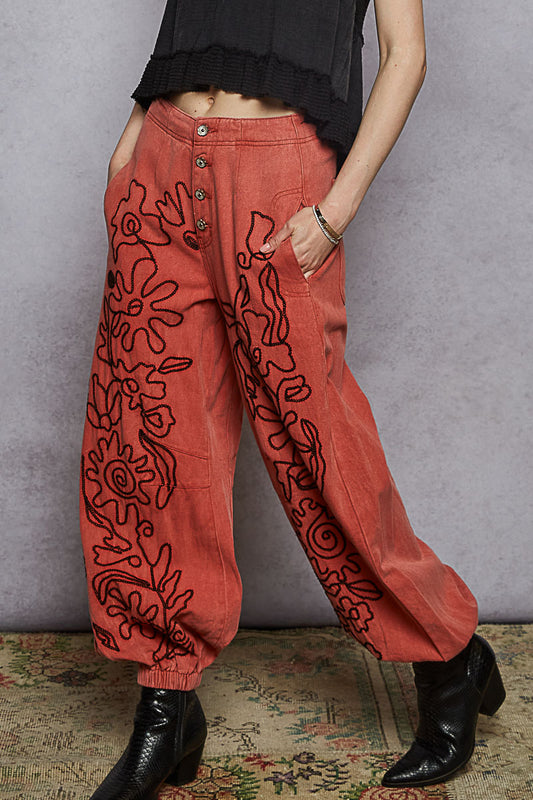Dried Apple Floral Embroidered Twill Pants