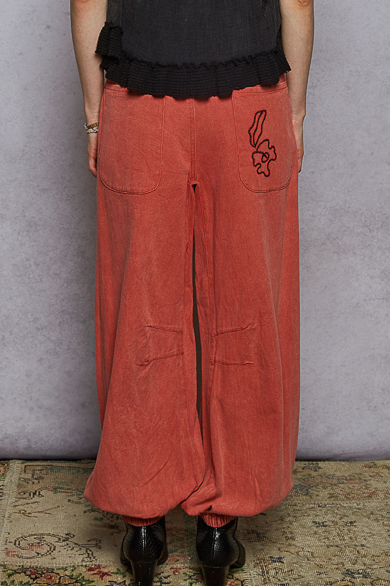 Dried Apple Floral Embroidered Twill Pants