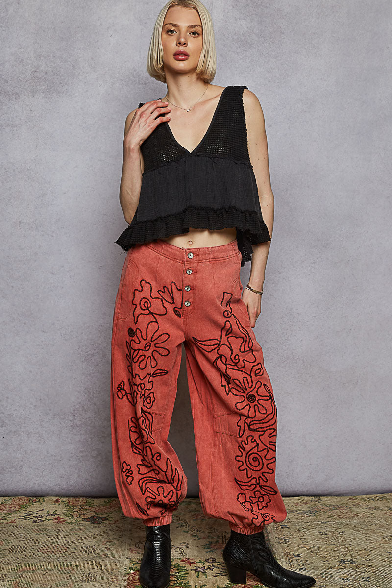 Dried Apple Floral Embroidered Twill Pants