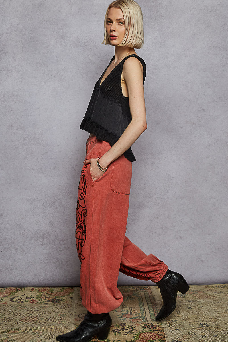 Dried Apple Floral Embroidered Twill Pants