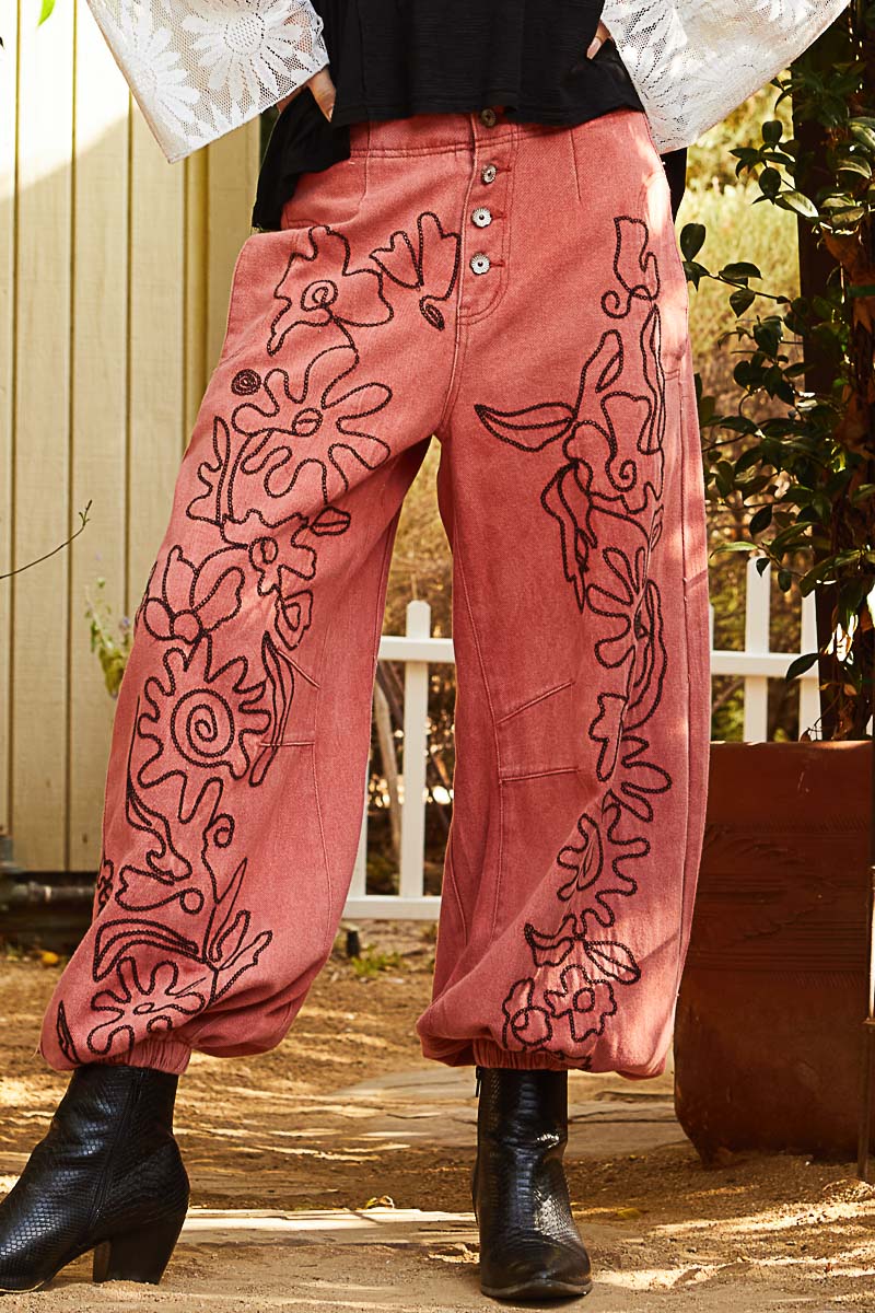 Dried Apple Floral Embroidered Twill Pants