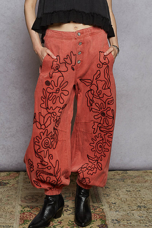 Dried Apple Floral Embroidered Twill Pants