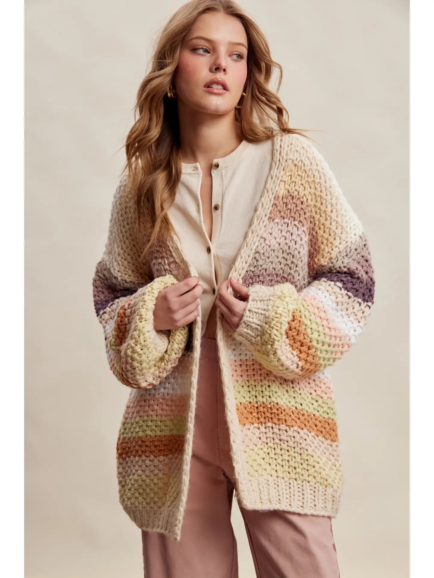 Ecru Mix Stripe Chunky Cardi