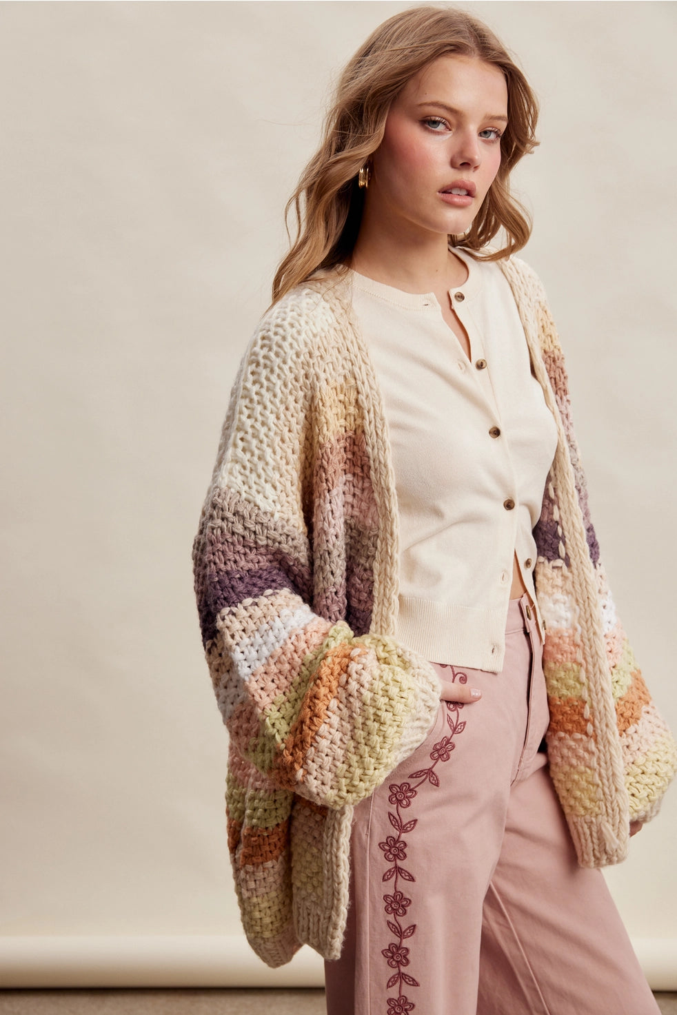 Ecru Mix Stripe Chunky Cardi