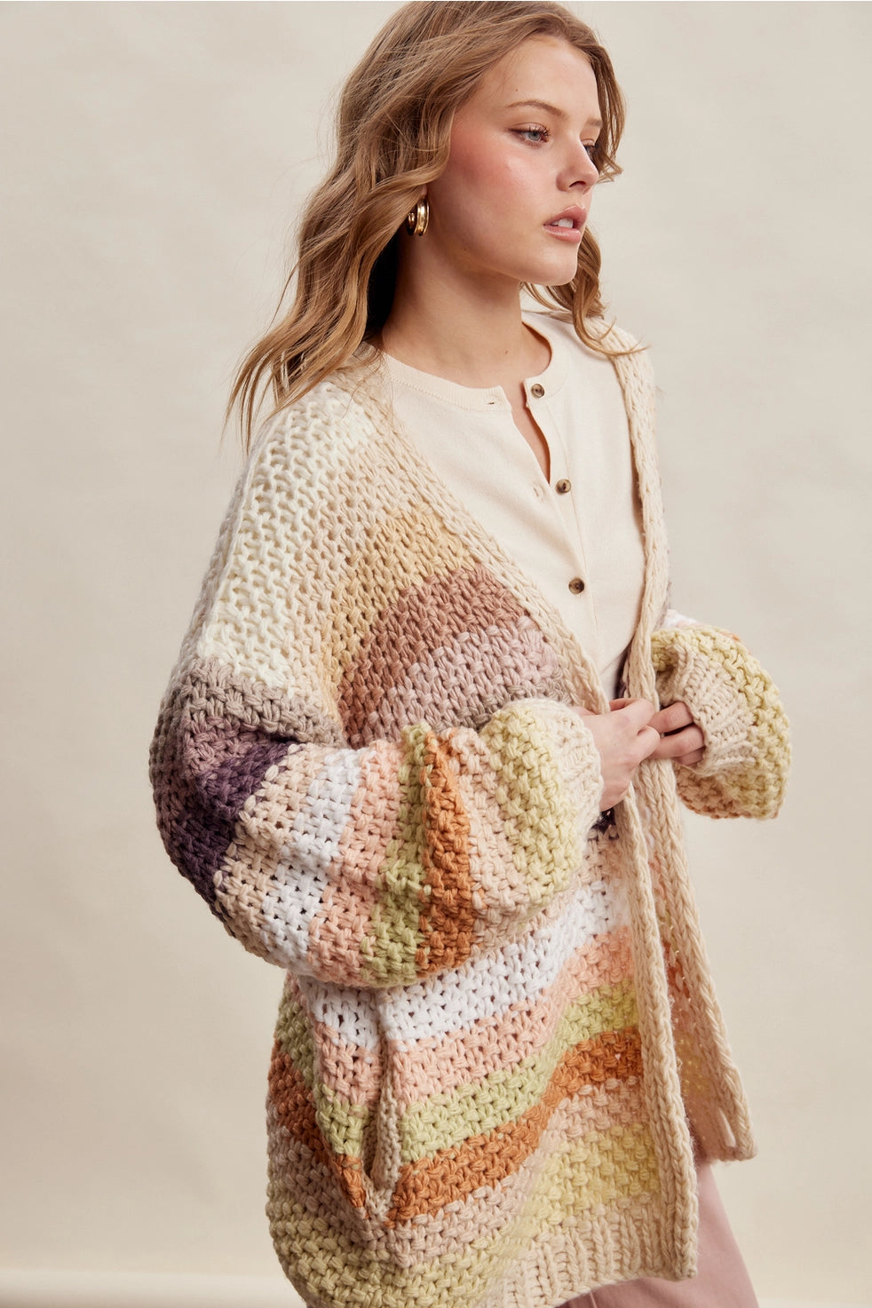 Ecru Mix Stripe Chunky Cardi