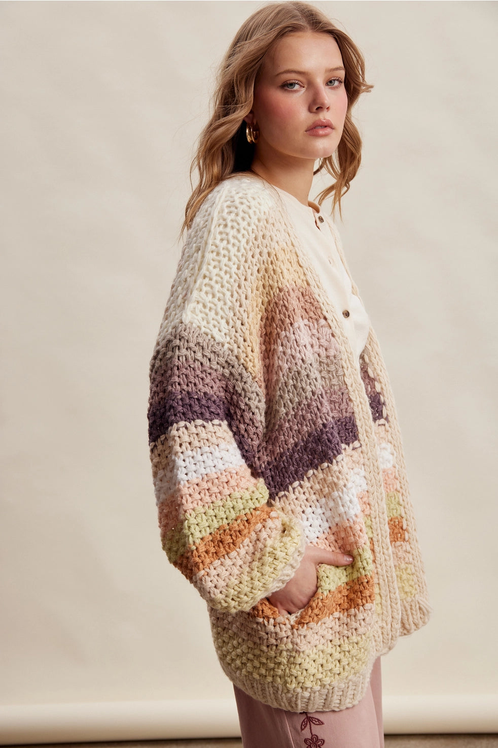 Ecru Mix Stripe Chunky Cardi