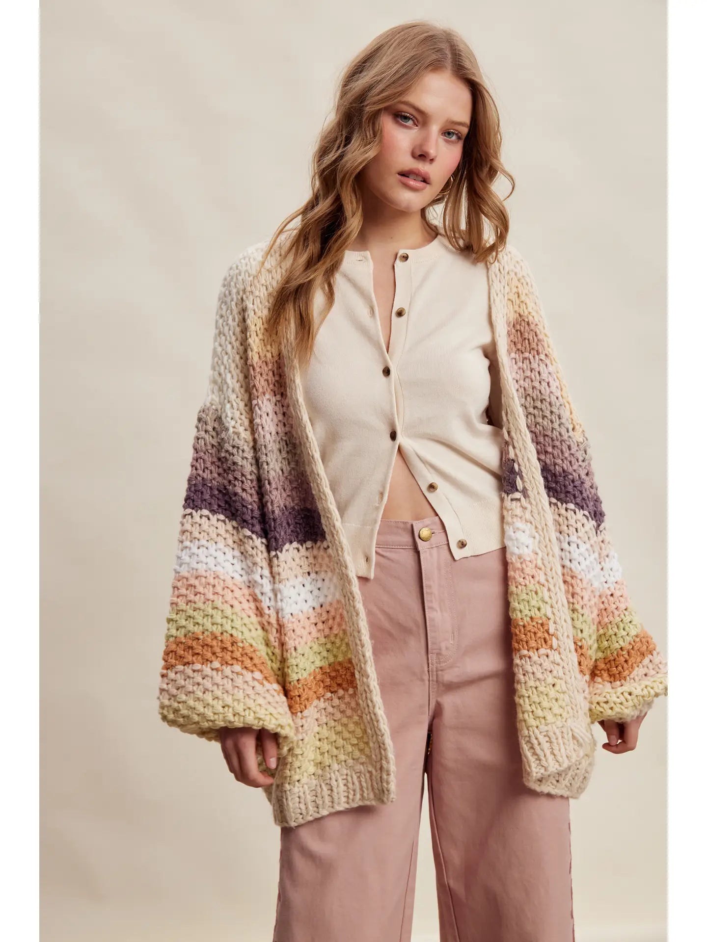 Ecru Mix Stripe Chunky Cardi