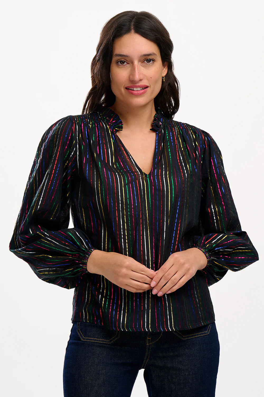 Black Metallic Rainbow Stripe Electra Shirred Top