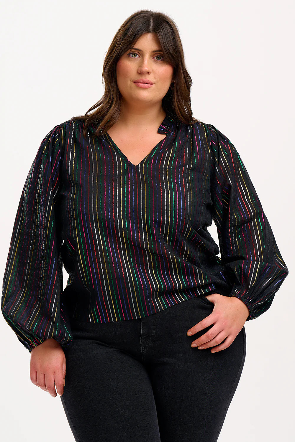 Black Metallic Rainbow Stripe Electra Shirred Top