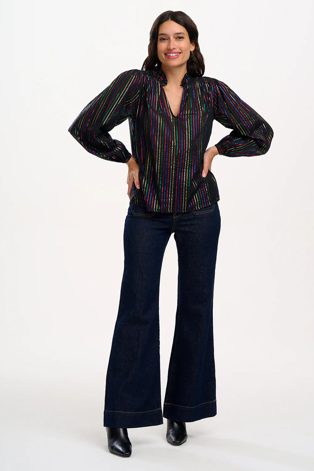 Black Metallic Rainbow Stripe Electra Shirred Top