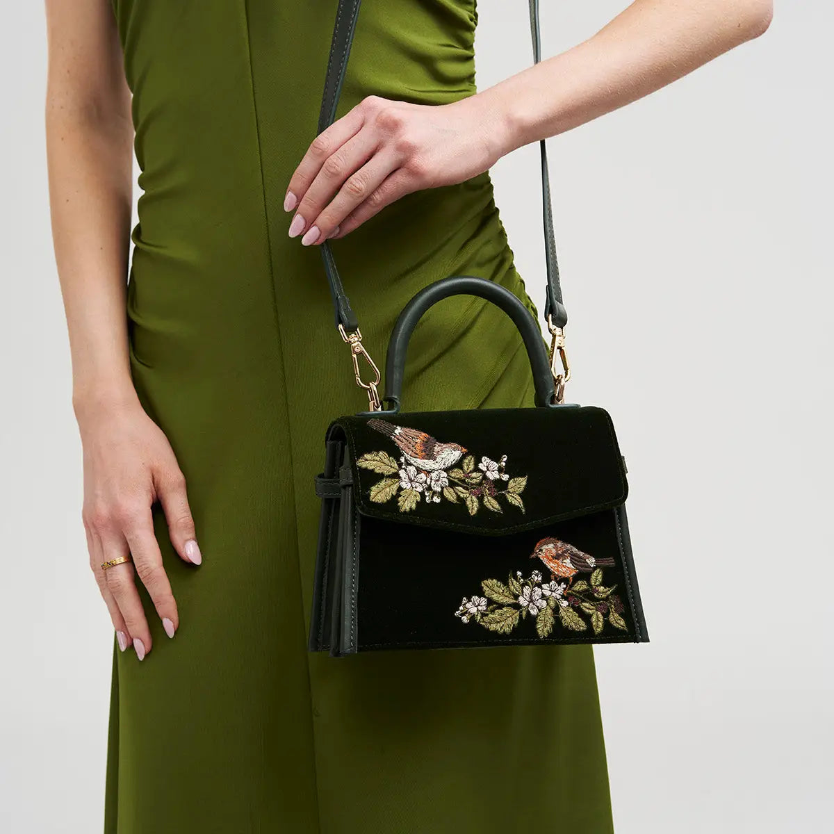Eliza Wren Embroidered Top Handle Purse in Green Velvet